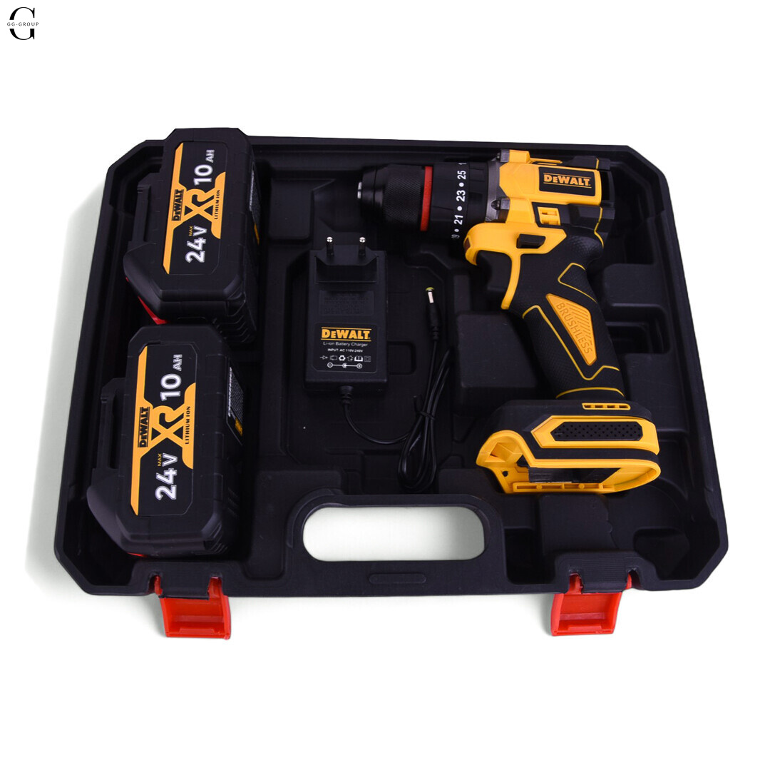 Шуруповерт DeWALT 24V Безщітковий + 2 АКБ 10Ah + Металевий патрон + Набір інструментів 